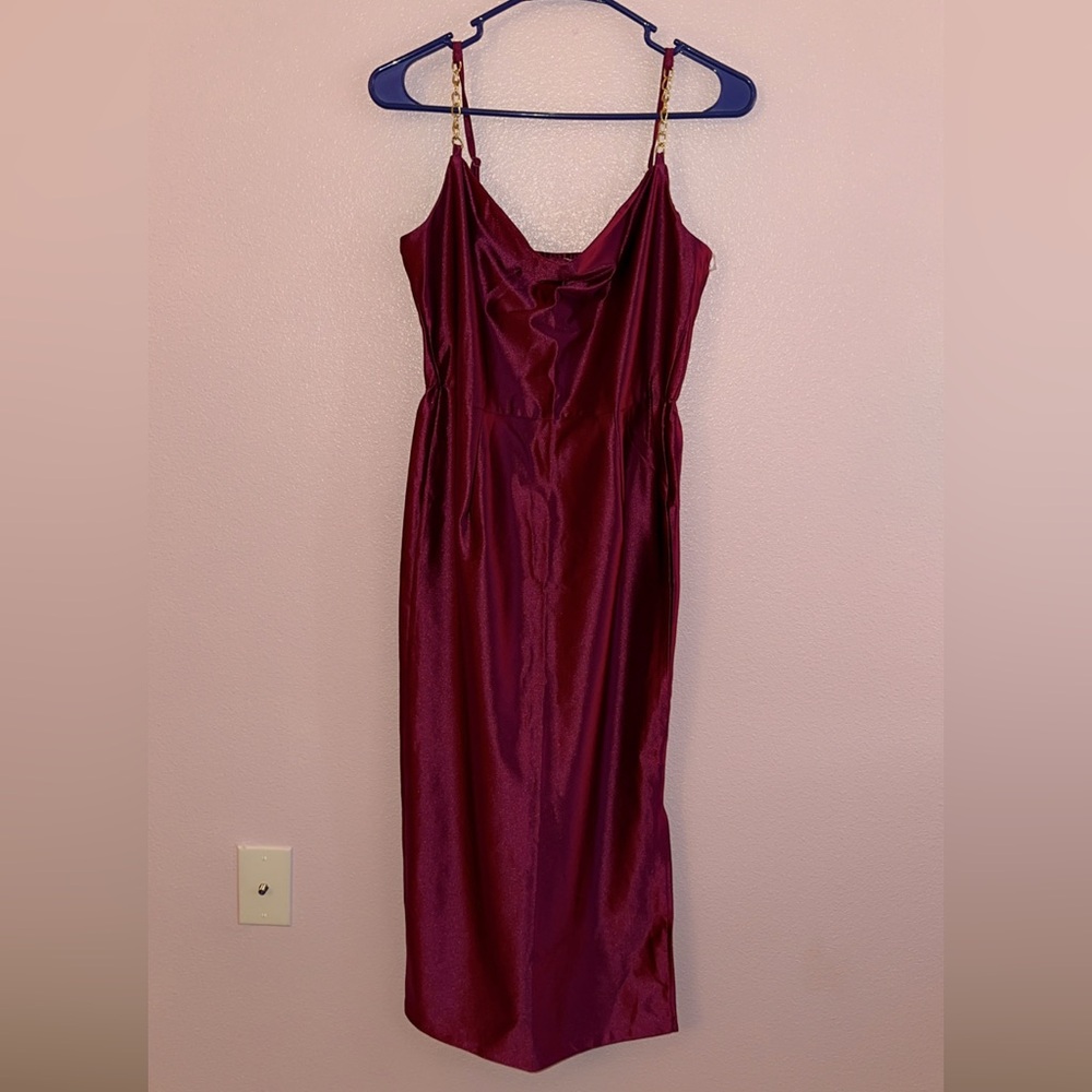 Burgundy Pink Dress with Gold straps and Slit down leg; Size Medium. Brand New.